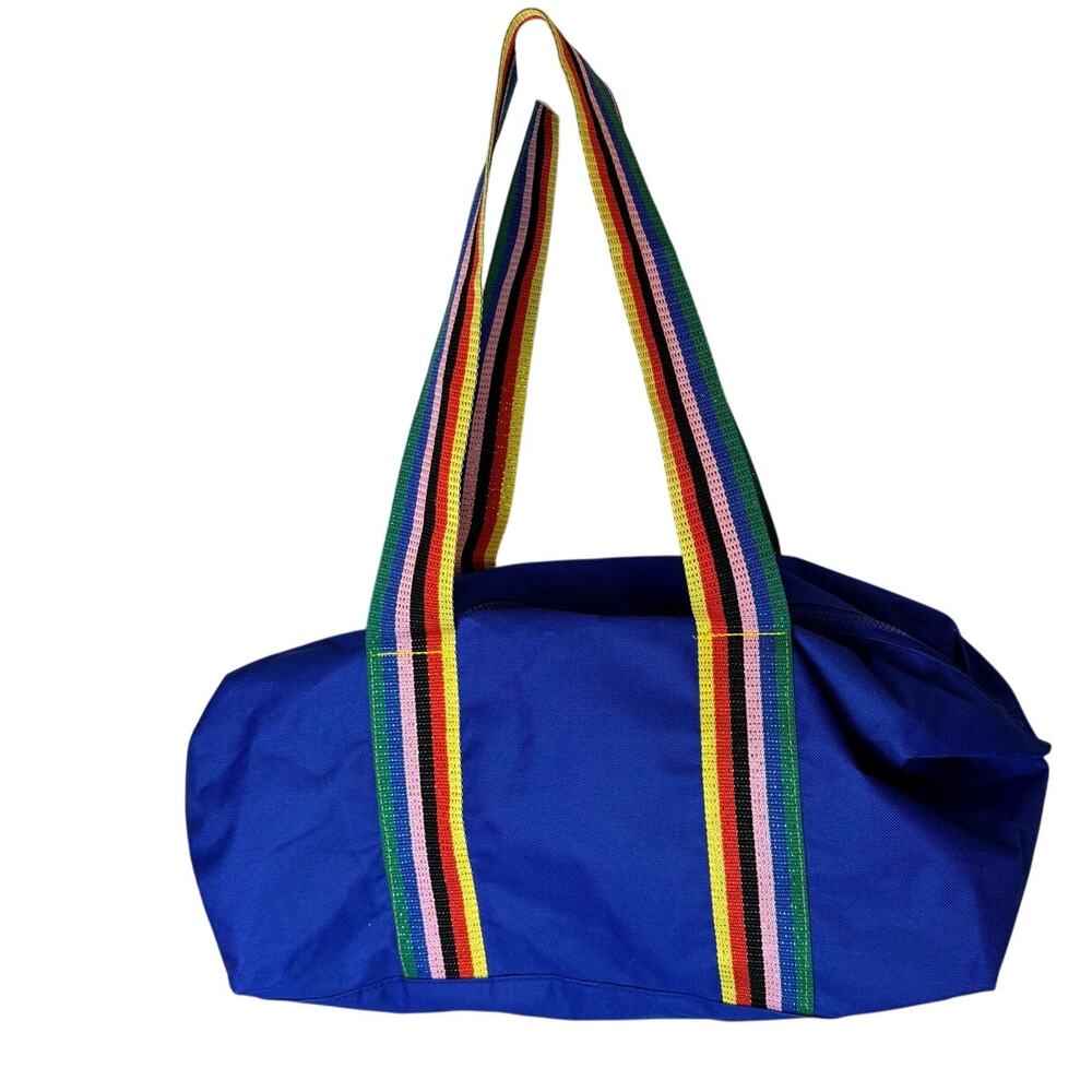 Bloomingdale’s Blue Duffle Bag Rainbow Sparkle Straps Large Weekender Tote